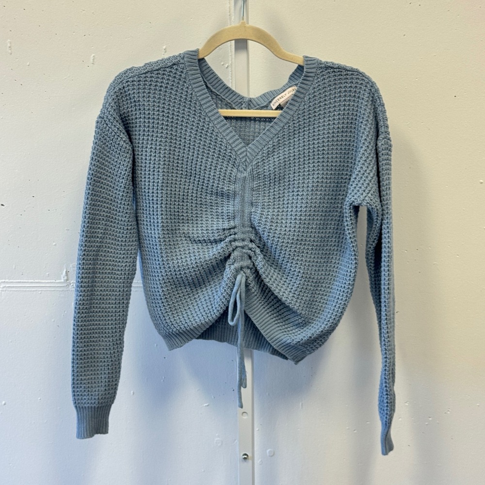 Sincerely Jules Blue Waffle Knit Cinched Front Drawstring Sweater Size Medium